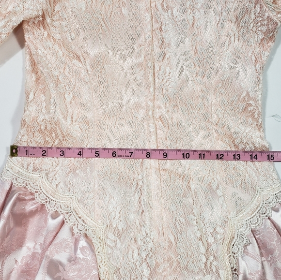 Vintage Scott McClintock Satin Lace Drop Waist Peplum Dress Sz 8 Pink Peach Bow - Picture 15 of 16